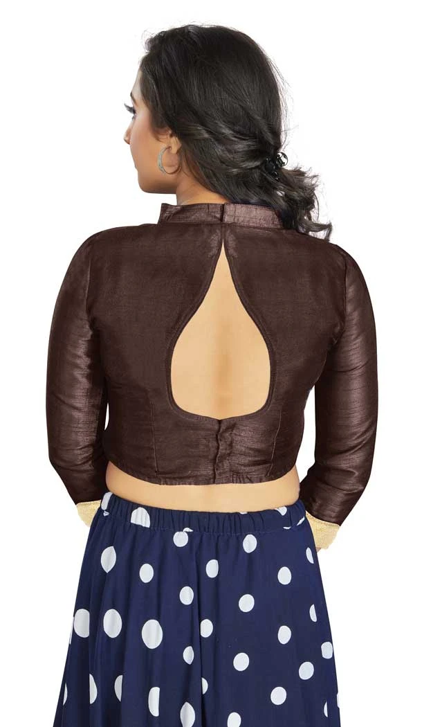Coffee Art Silk Lace Border Work Party Wear Readymade Blouse - 12033204707