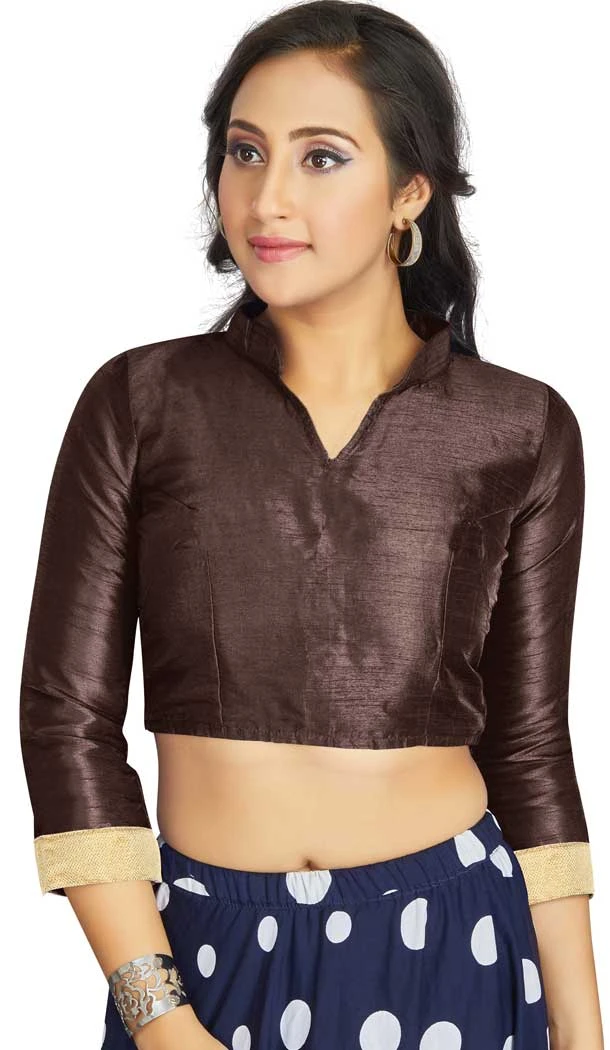 Coffee Art Silk Lace Border Work Party Wear Readymade Blouse - 12033204707