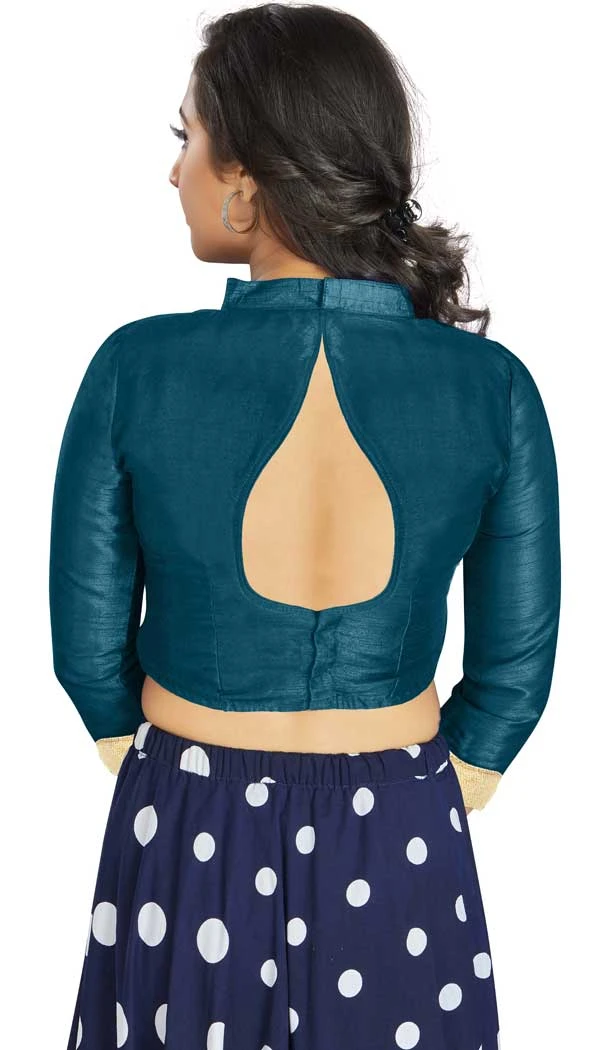 Teal Blue Art Silk Lace Border Work Party Wear Readymade Blouse - 12033204709