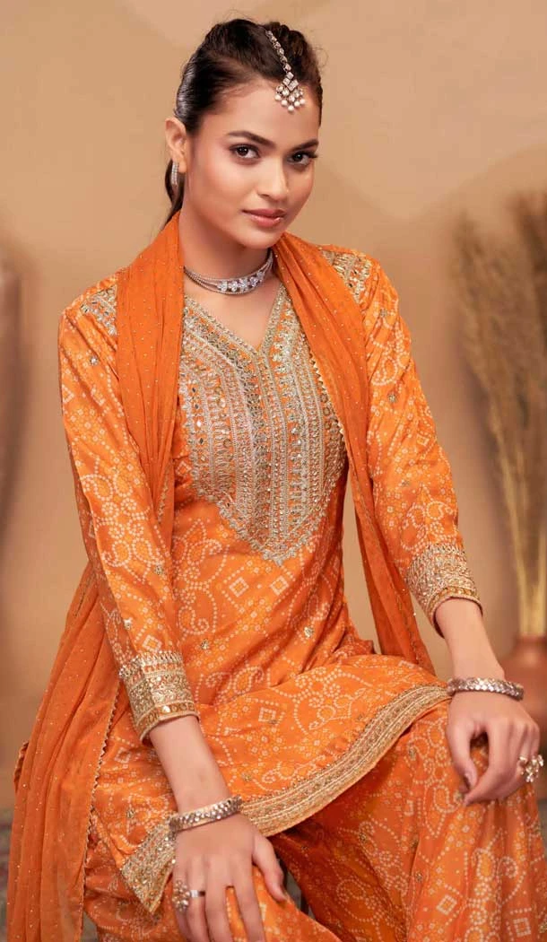 Chinon Digital Print Work Designer Palazzo Salwar Kameez In Orange - 12036204727