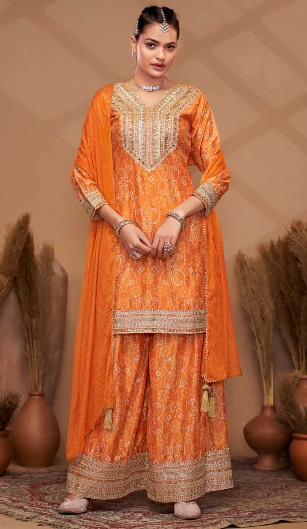 Chinon Digital Print Work Designer Palazzo Salwar Kameez In Orange - 12036204727