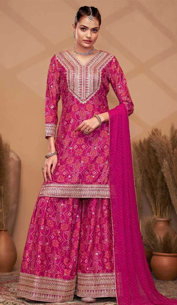 Chinon Digital Print Work Designer Palazzo Salwar Kameez In Rani Pink - 12036204728