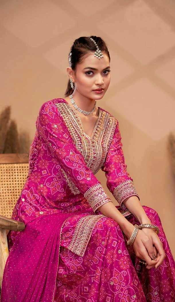 Chinon Digital Print Work Designer Palazzo Salwar Kameez In Rani Pink - 12036204728