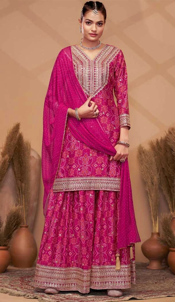 Chinon Digital Print Work Designer Palazzo Salwar Kameez In Rani Pink - 12036204728