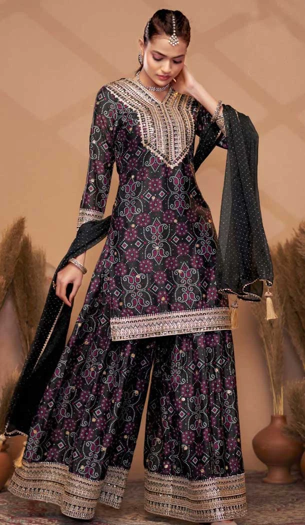 Chinon Digital Print Work Designer Palazzo Salwar Kameez In Black - 12036204729