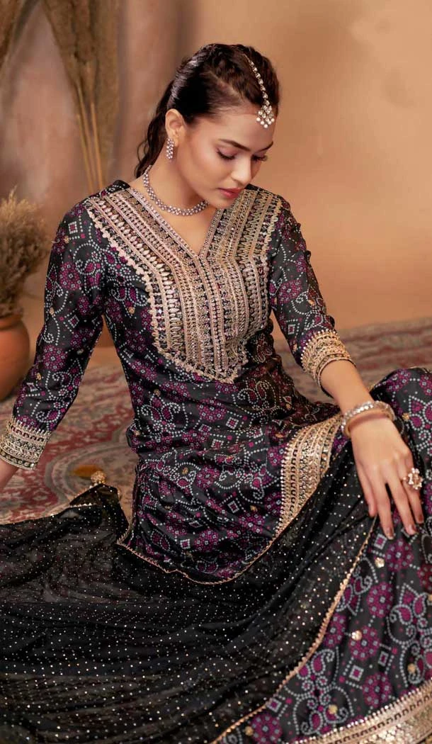 Chinon Digital Print Work Designer Palazzo Salwar Kameez In Black - 12036204729