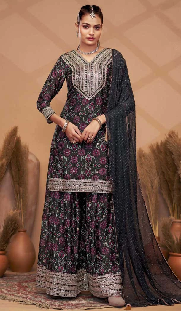 Chinon Digital Print Work Designer Palazzo Salwar Kameez In Black - 12036204729