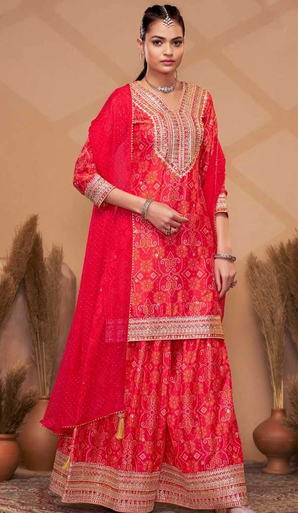 Chinon Digital Print Work Designer Palazzo Salwar Kameez In Red - 12036204730