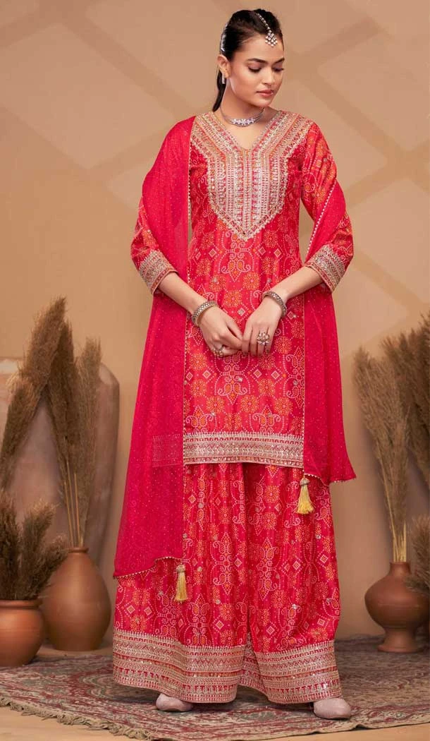 Chinon Digital Print Work Designer Palazzo Salwar Kameez In Red - 12036204730