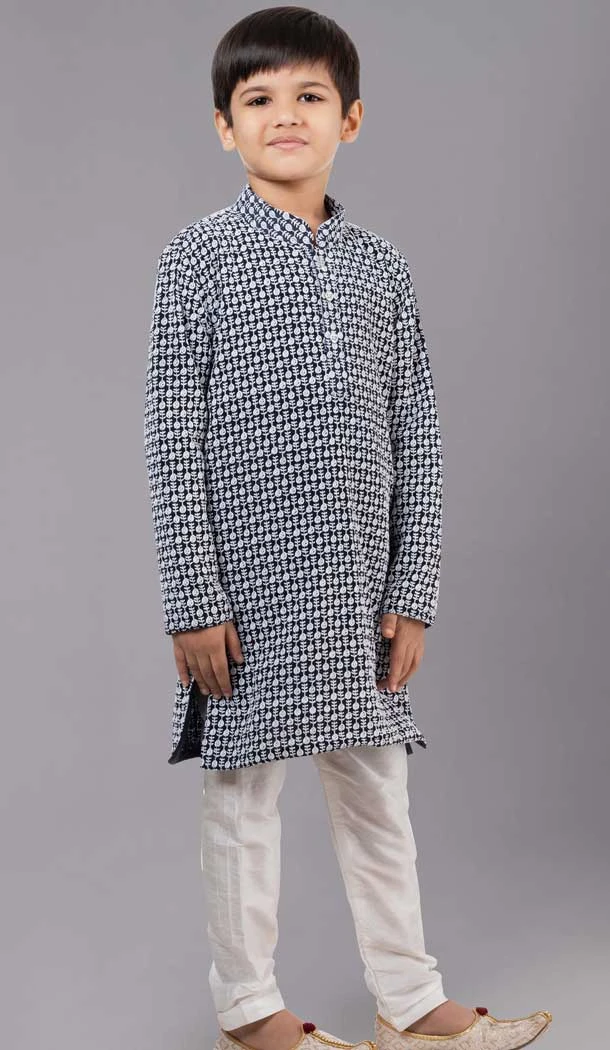 Navy Blue Georgette Embroidered Kids Boys Kurta Pajama - 12058204847