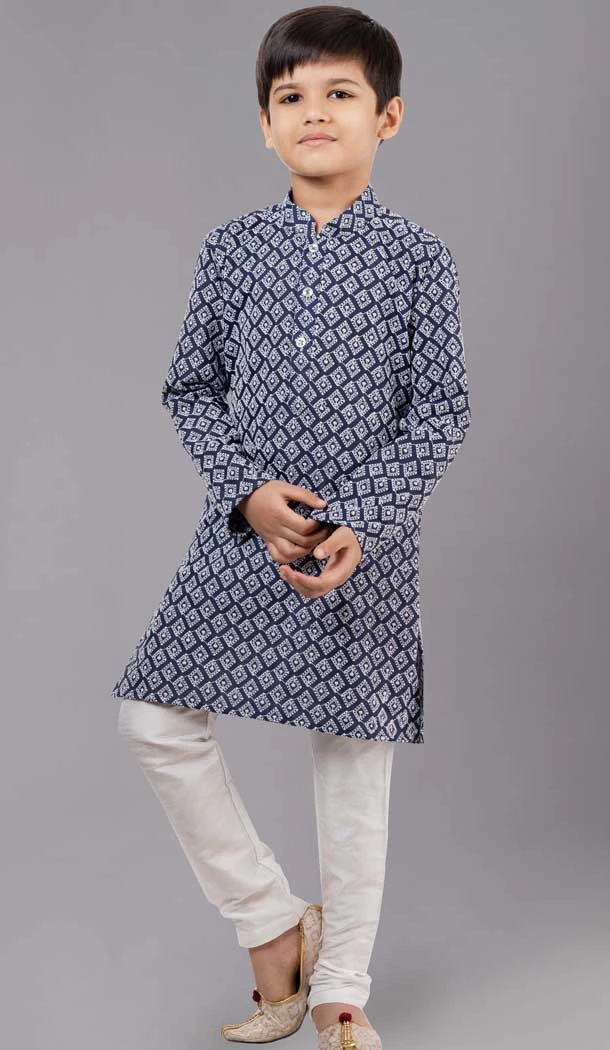 Royal Blue Cotton Silk Embroidered Kids Boys Kurta Pajama - 12058204848