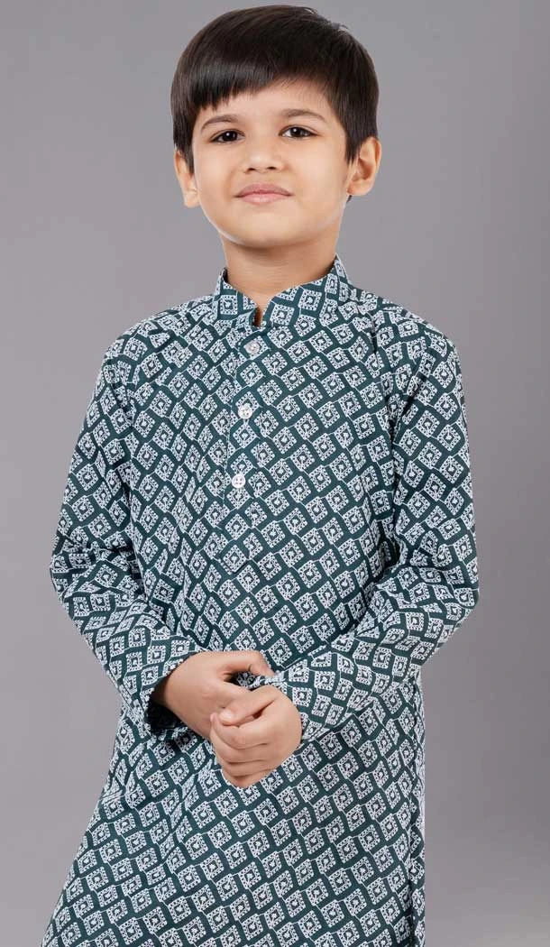 Rama Green Cotton Silk Embroidered Kids Boys Kurta Pajama - 12058204849