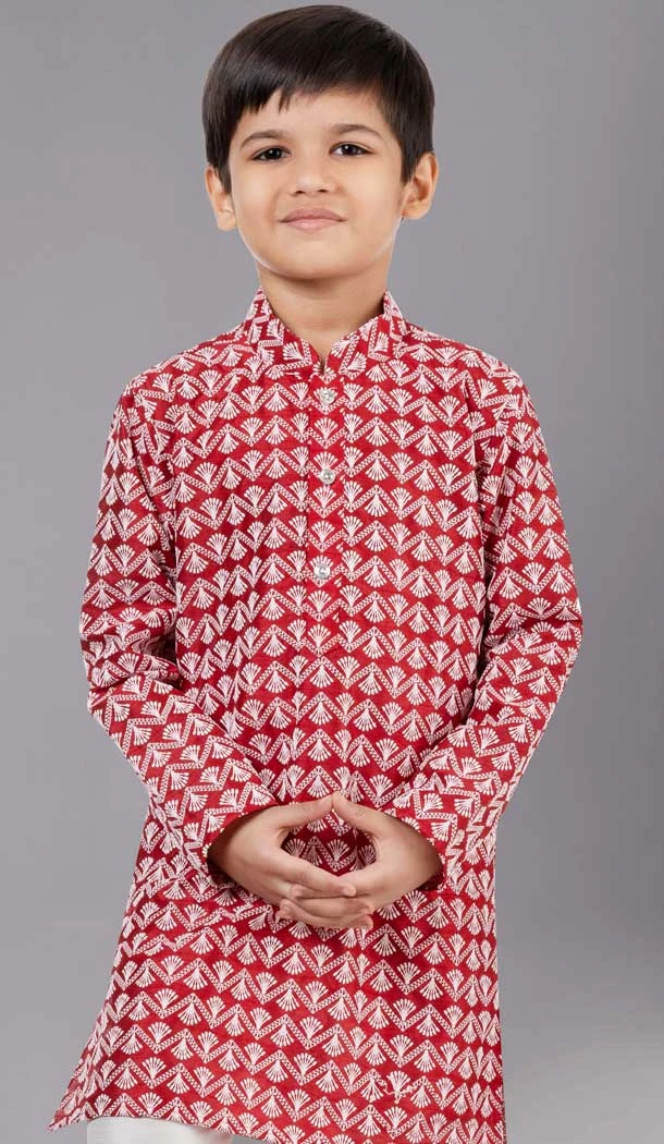 Red Cotton Silk Embroidered Kids Boys Kurta Pajama - 12058204850