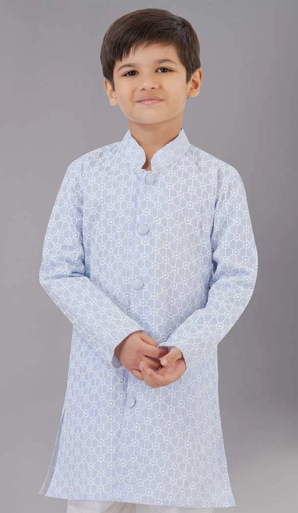 Sky Blue Cotton Silk Embroidered Kids Boys Kurta Pajama - 12058204856