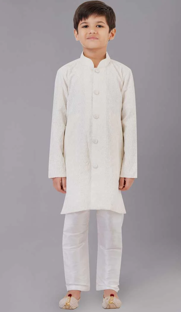White Fancy Silk Embroidered Kids Boys Kurta Pajama - 12058204857