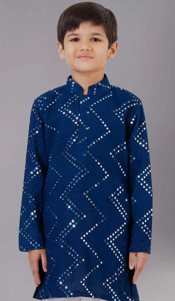 Royal Blue Georgette Embroidered Kids Boys Kurta Pajama - 12058204858