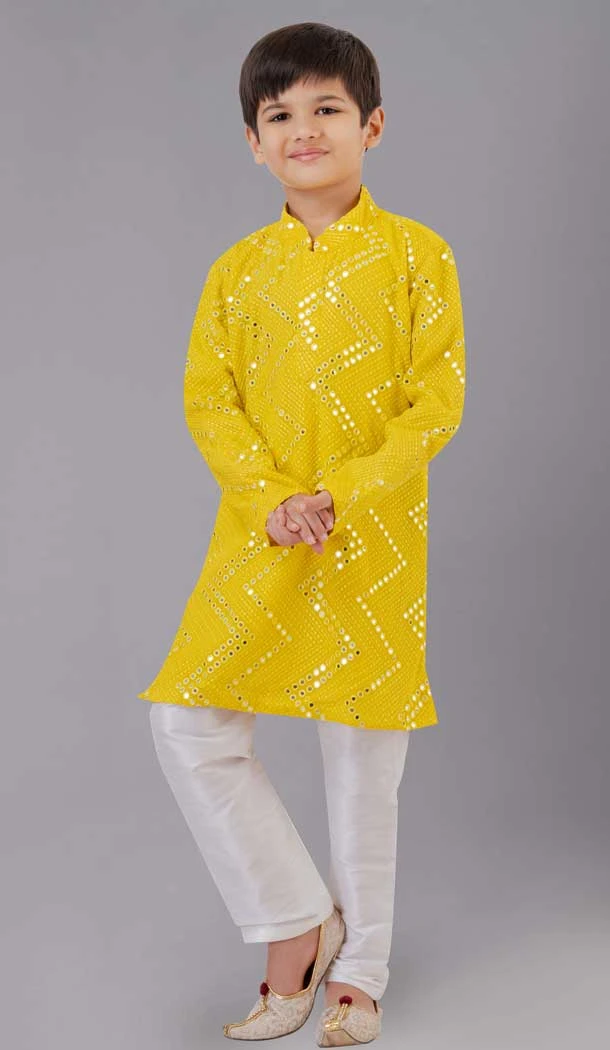Yellow Georgette Embroidered Kids Boys Kurta Pajama - 12058204859