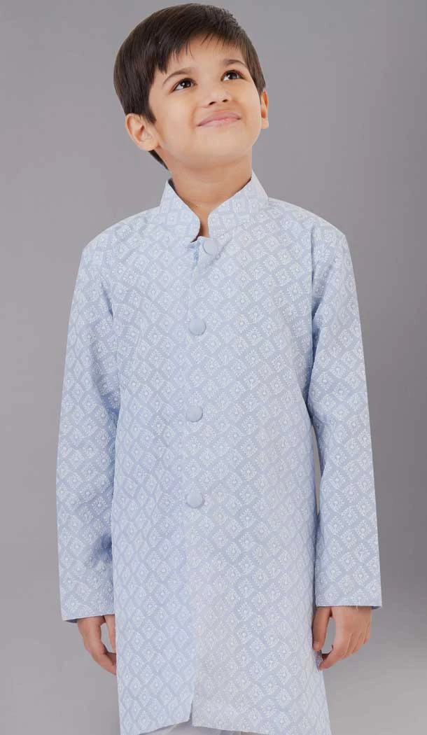 Sky Blue Embroidered Cotton Silk Kids Boys Kurta Pajama - 12058204860