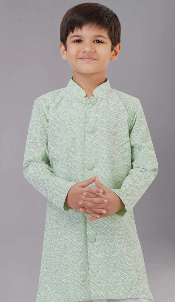 Mint Green Embroidered Fancy Silk Kids Boys Kurta Pajama - 12058204861