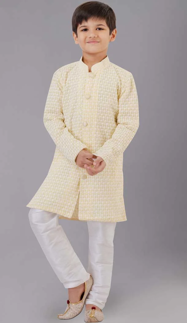 Yellow Embroidered Georgette Kids Boys Kurta Pajama - 12058204864