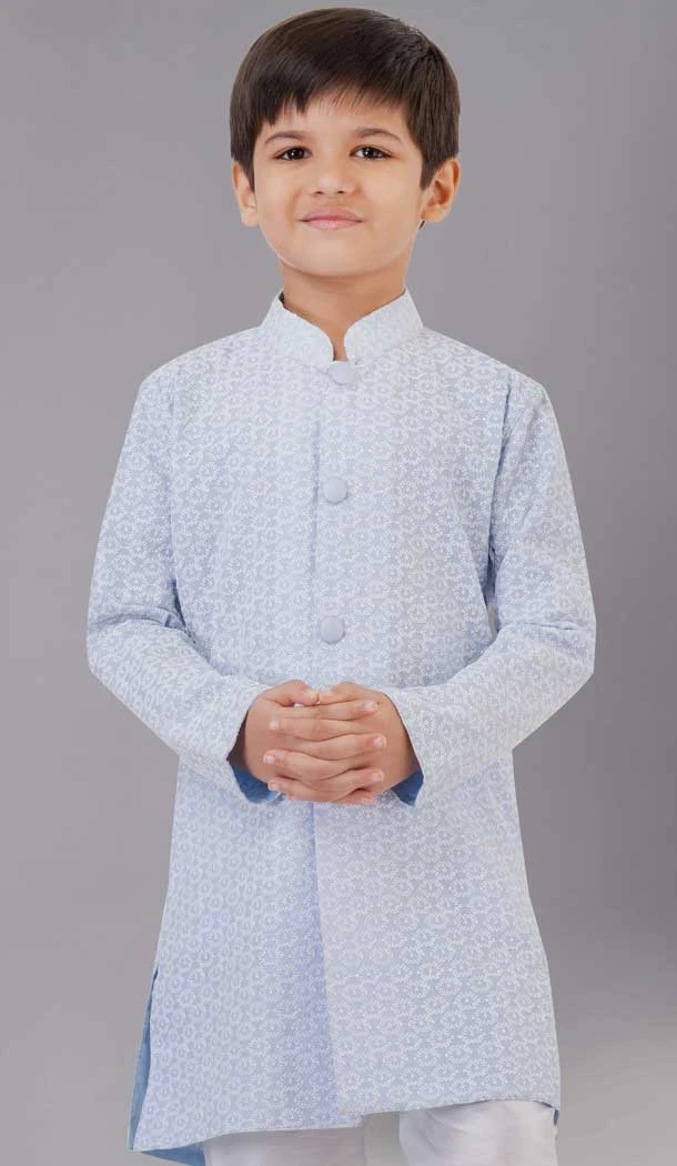 Sea Blue Cotton Silk Embroidered Kids Boys Kurta Pajama - 12058204865