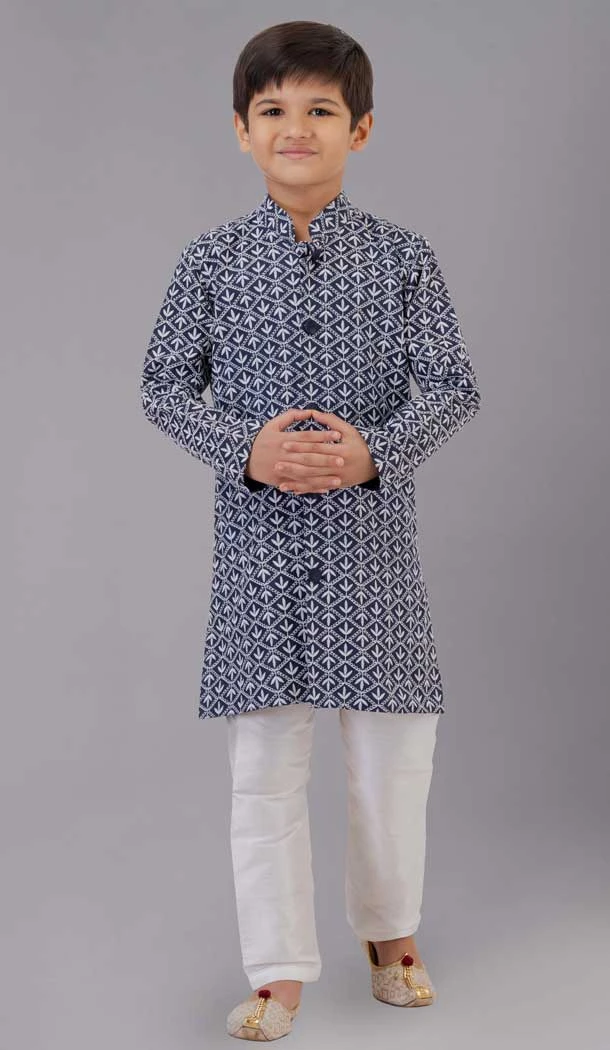 Navy Blue Cotton Silk Embroidered Kids Boys Kurta Pajama - 12058204866