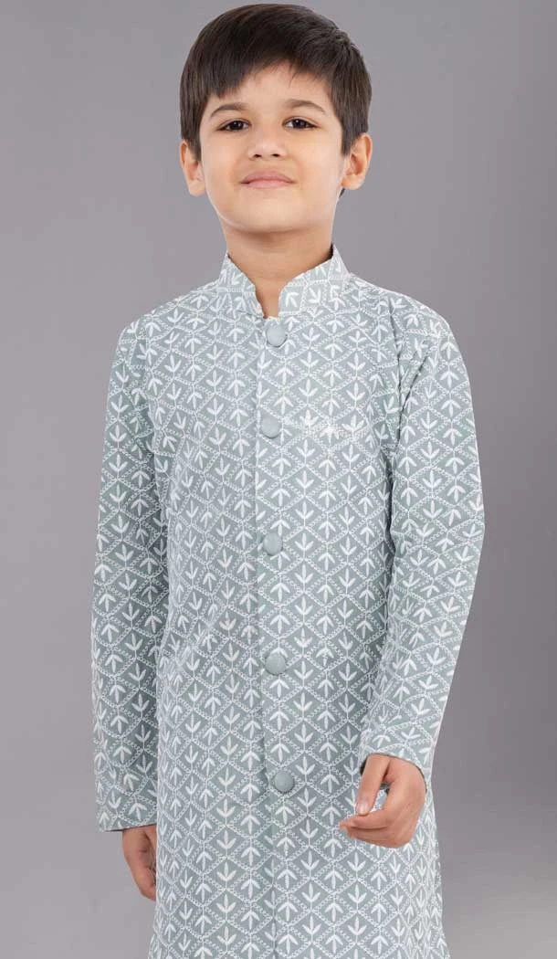 Lime Green Cotton Silk Embroidered Kids Boys Kurta Pajama - 12058204869