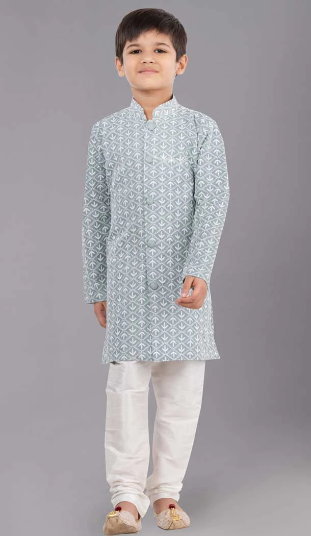 Lime Green Cotton Silk Embroidered Kids Boys Kurta Pajama - 12058204869