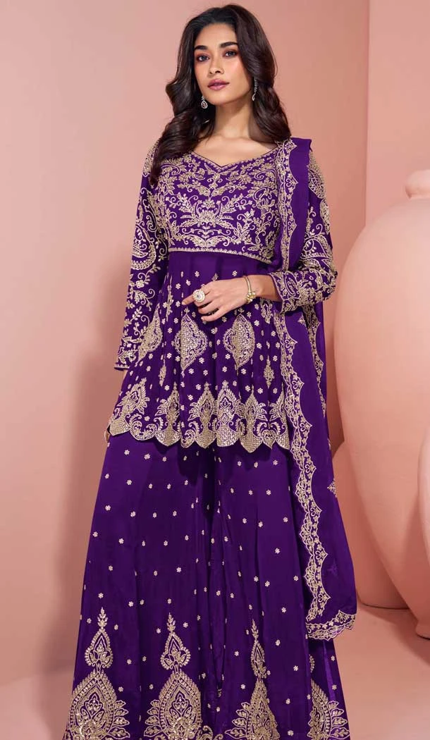 Blue Georgette Embroidery Work Designer Wear Sharara Suit - 158378771