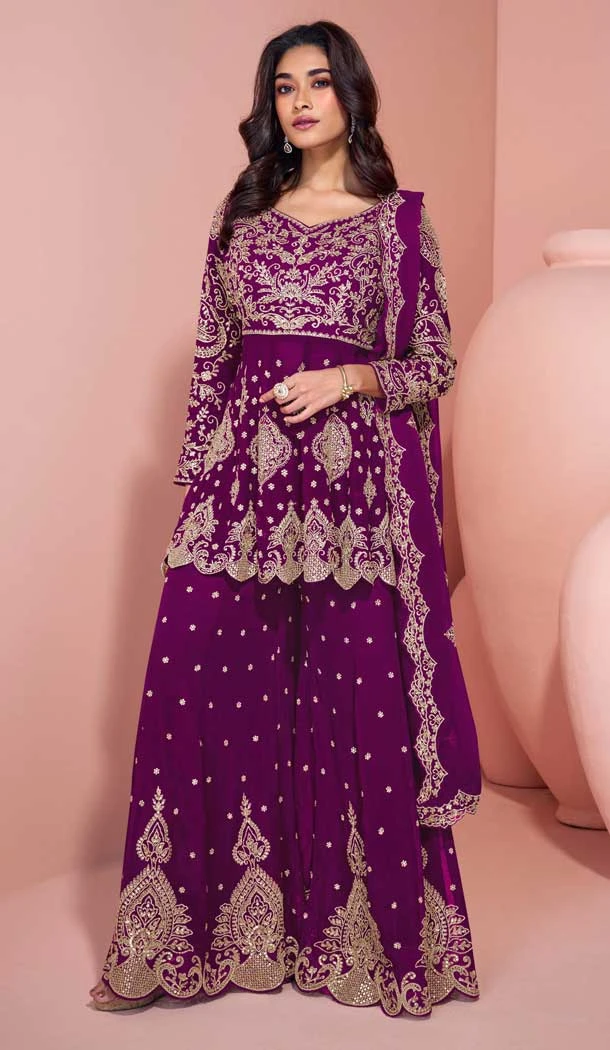 Purple Georgette Embroidery Work Designer Wear Sharara Suit - 158378772
