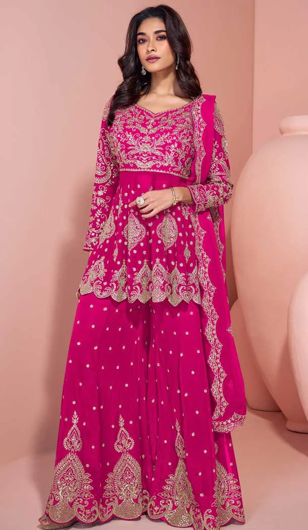 Pink Georgette Embroidery Work Designer Wear Sharara Suit - 158378773
