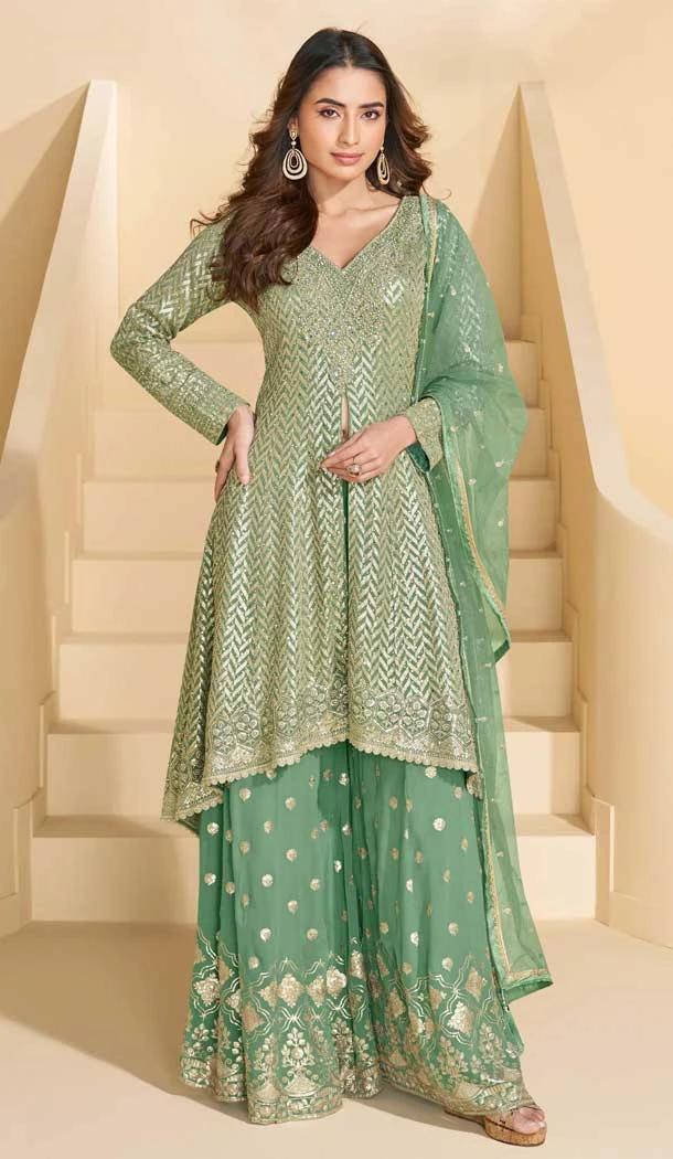 Georgette Embroidered Designer Palazzo Suit In Pista Green Color - 158458820
