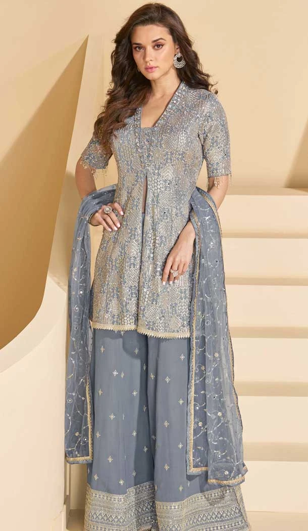 Georgette Embroidered Designer Palazzo Suit In Grey - 158458821
