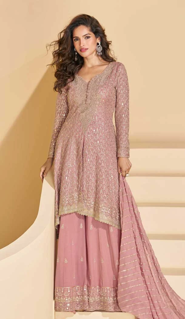 Georgette Embroidered Designer Palazzo Suit In Pink - 158458822