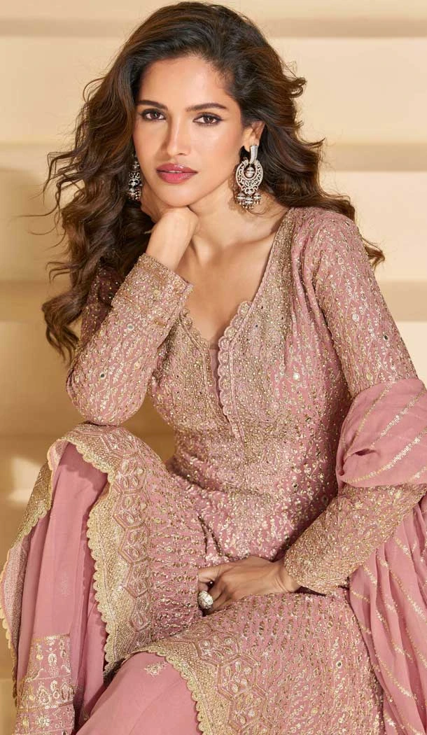 Georgette Embroidered Designer Palazzo Suit In Pink - 158458822