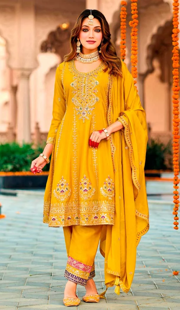 Yellow Chinon Embroidery Work Party Wear Salwar Kameez - 158788987