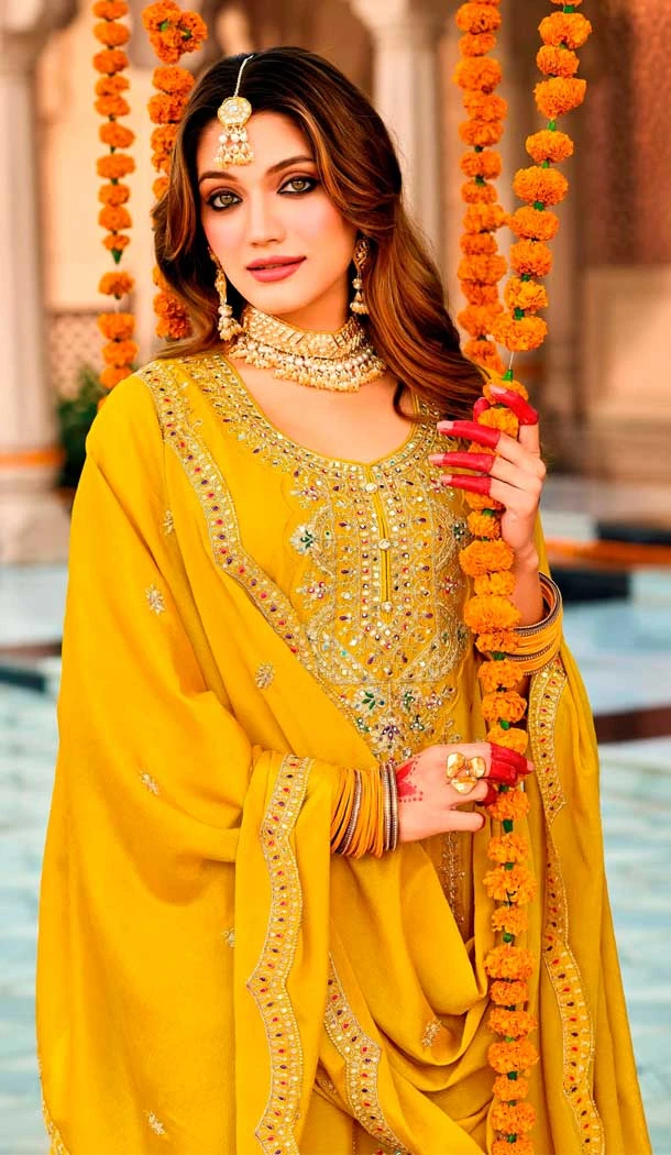 Yellow Chinon Embroidery Work Party Wear Salwar Kameez - 158788987