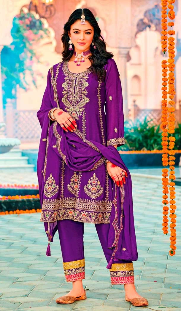 Purple Chinon Embroidery Work Party Wear Salwar Kameez - 158788988
