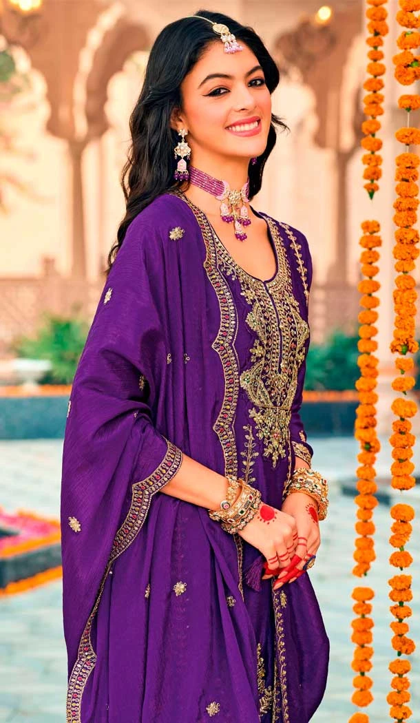 Purple Chinon Embroidery Work Party Wear Salwar Kameez - 158788988