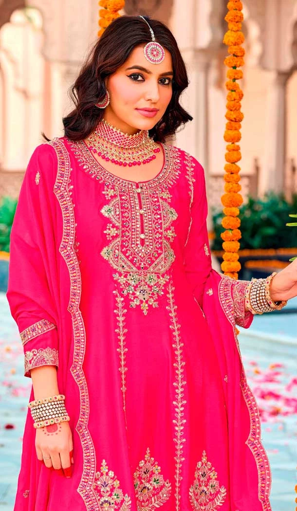 Pink Chinon Embroidery Work Party Wear Salwar Kameez - 158788989