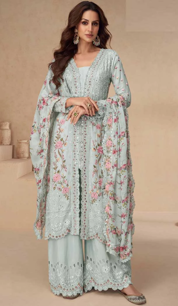 Chinon Heavy Embroidery Work Pakistani Style Palazzo Salwar Kameez In Grey - 158798990