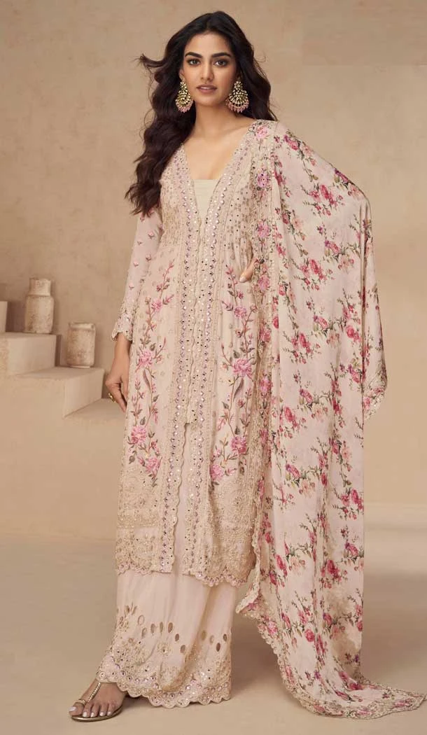 Chinon Heavy Embroidery Work Pakistani Style Palazzo Salwar Kameez In Peach - 158798991