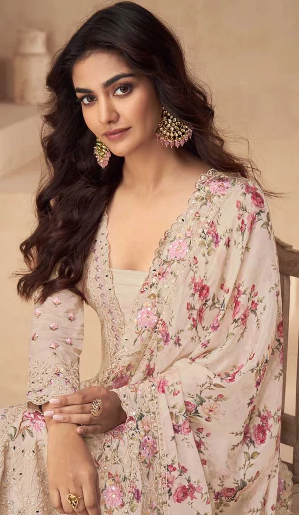 Chinon Heavy Embroidery Work Pakistani Style Palazzo Salwar Kameez In Peach - 158798991