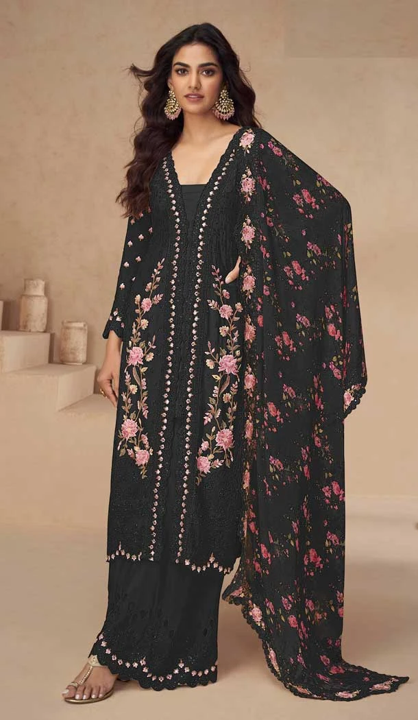 Chinon Heavy Embroidery Work Pakistani Style Palazzo Salwar Kameez In Black - 158798992
