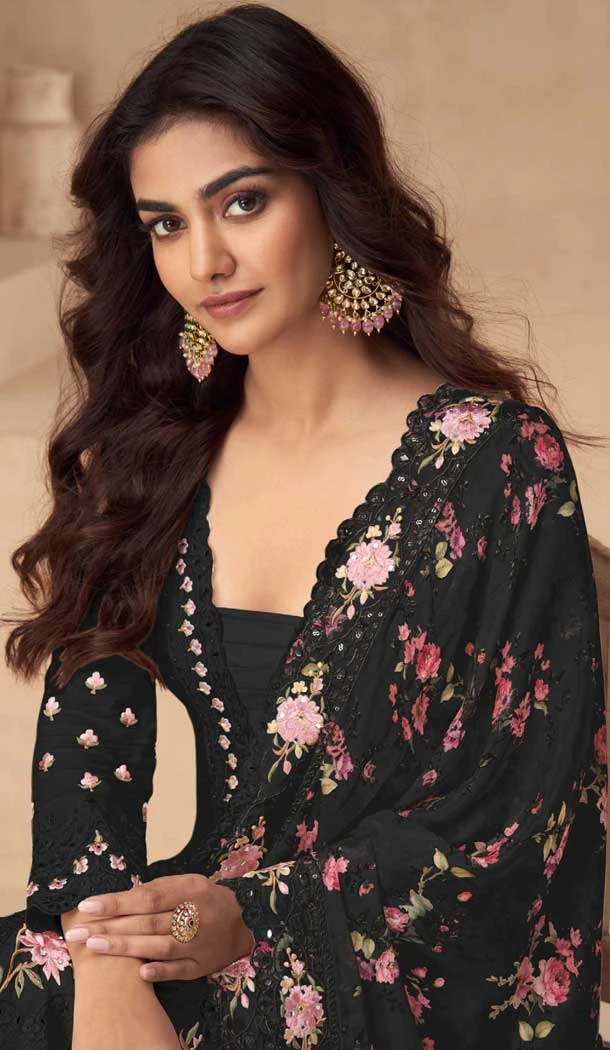 Chinon Heavy Embroidery Work Pakistani Style Palazzo Salwar Kameez In Black - 158798992