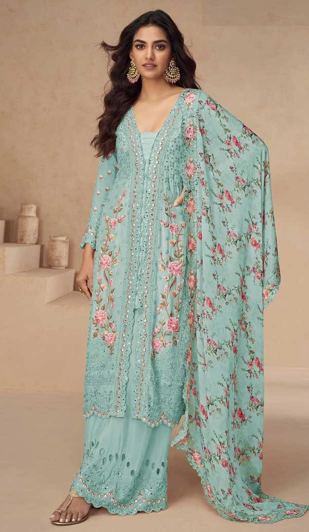Chinon Heavy Embroidery Work Pakistani Style Palazzo Salwar Kameez In Sky Blue - 158798993