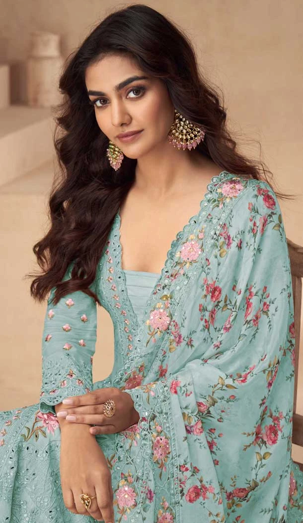 Chinon Heavy Embroidery Work Pakistani Style Palazzo Salwar Kameez In Sky Blue - 158798993