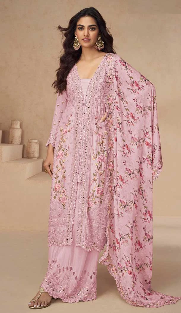 Chinon Heavy Embroidery Work Pakistani Style Palazzo Salwar Kameez In Pink - 158798994