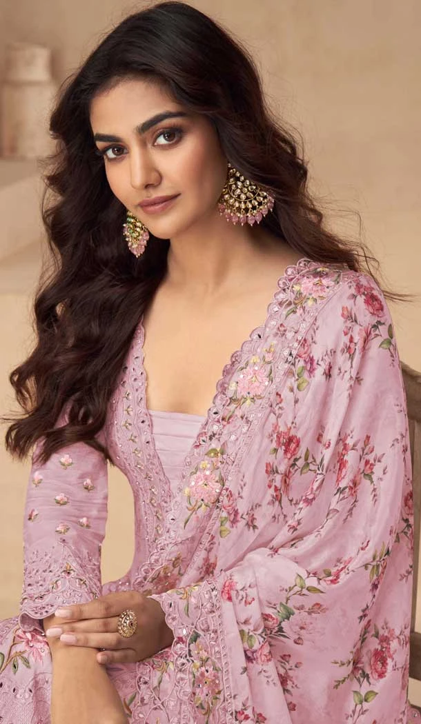 Chinon Heavy Embroidery Work Pakistani Style Palazzo Salwar Kameez In Pink - 158798994