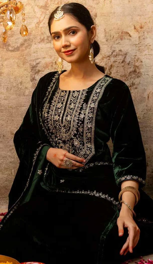 Velvet Embroidered Party Wear Salwar Suit In Green - 11607202129